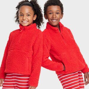 NEW! Kids' (Unisex) Faux Shearling Half Zip-Up Pullover, Red - Wondershop